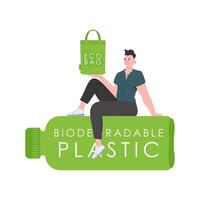 A man sits on a bottle made of biodegradable plastic and holds an ECO BAG in his hands. Concept of green world and ecology. Isolated. Trend style. illustration. vector