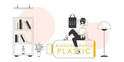 el concepto de ecológico pantalones y el plastico. un mujer sostiene un paquete ecológico en su manos. lineal estilo. vector