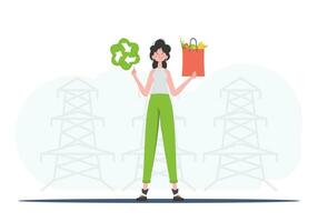 The girl is depicted in full growth holding an EKO icon and a package with proper nutrition. The concept of ecology, zero waste and healthy eating. Trend style, vector illustration.