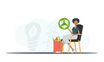 A woman sits next to a package with healthy food and holds an EKO icon. The concept of ecology, zero waste and healthy eating. Trend vector illustration.