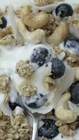 Granola with chia seeds, coconut chips and blue berries in the yogurt turning on the rotating plate. Flat lay video