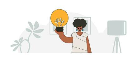 Fashionable girl holding a light bulb. Idea theme. Retro trendy style. vector