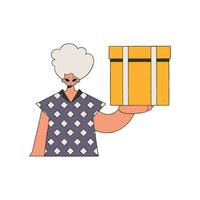 Charming man holding a box. Parcel and cargo transportation. vector