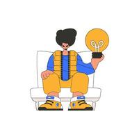 A presentable man holds a light bulb in his hands. Idea theme. vector