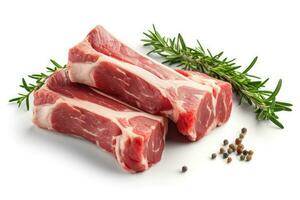 Lamb Ribs meat and herbs isolated on white, Generative AI photo