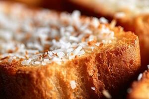 Coco tostada, macro Disparo de un Fresco desayuno con goteo Miel, ai generado foto