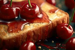 cherry toast, macro shot of a fresh breakfast with Dripping Honey, AI Generated photo