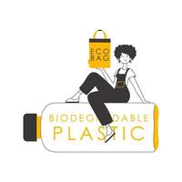A woman holds an eco-package in her hands. Ecology conservation concept. Lineart style. Isolated on white background. illustration. vector
