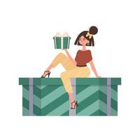 A woman sits on a gift. Trendy character style. vector