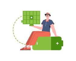 A man sits on a battery and holds a solar panel in his hands. Eco energy concept. Isolated. . trendy style. vector