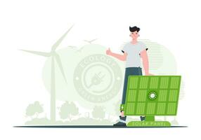 Eco energy concept. A man stands near a solar panel. trendy style. Vector illustration.