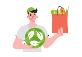 The guy is shown waist-deep and holds a package with healthy food in his hands and shows an icon. Isolated on white background. Trend style, vector illustration.