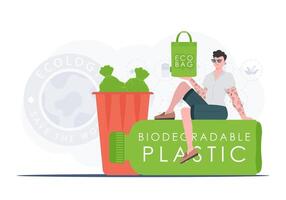 The concept of ecology and care for the environment. The guy sits on a bottle made of biodegradable plastic and holds an ECO BAG in his hands. Fashion trend illustration. vector