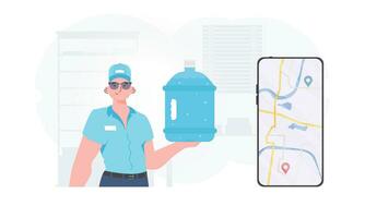 A man is holding a bottle of water. Delivery concept. The trendy character is shown to the waist. Vector. vector