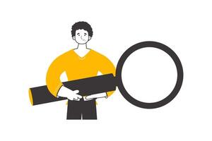 A man holds a magnifying glass in his hands. Modern linear style. Isolated. Vector illustration.