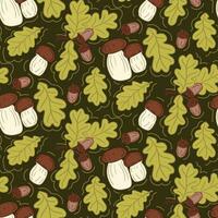 Flat seamless pattern with boletus and oak tree on darl green background. Flat hand drawn oak leaves and acorns. Botany cartoon design for textile, decoration, wrapping paper, banner, social media vector