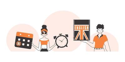 Girl and guy helps teaches English. The concept of learning a foreign language. Linear trendy style. vector