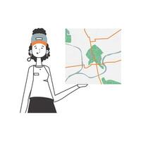 A woman with a map in her hands. Delivery concept. Linear trendy style. Isolated, vector illustration.