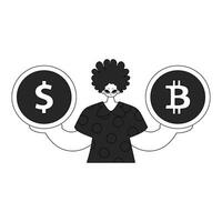 Charming man holds a coin of bitcoin and dollar in his hands. Linear newspaper black and white style. vector