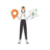 The girl is holding a map. Delivery concept. Lineart style. Isolated, vector illustration.