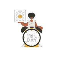 Stylish woman with calendar and alarm clock. The topic of paying taxes. vector