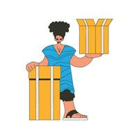 encantador chico sostiene cajas en su manos. paquete o empaquetar y carga transporte. vector