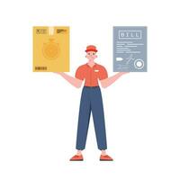 Male courier holds parcel and check. Home products. Food delivery. Isolated. Trendy flat style. Vector. vector