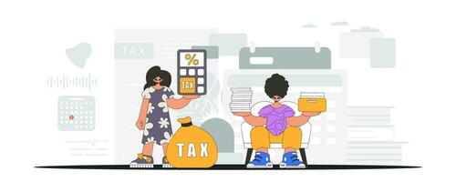 Gorgeous guy and girl demonstrate paying taxes. Graphic illustration on the theme of tax payments. vector