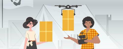 Camp for humanitarian aid. The quadcopter is transporting the parcel. Man and woman with cardboard boxes. Vector illustration.