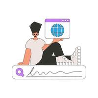 A man sits on a search bar and holds a web browser in his hands. Search for information. Retro style character. vector