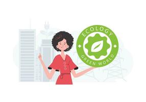 The concept of ecology and green energy. The girl holds the ECO logo in her hands. trendy style. Vector illustration.