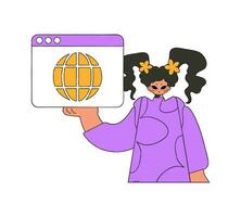 A bright and stylish illustration of a woman using a web browser. Material for educational content. vector