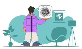 A person with mental problems. The man demonstrates that he is trying to unravel his tangled thoughts. vector