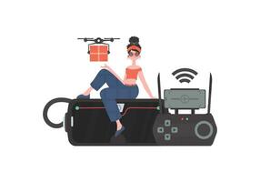 The concept of cargo delivery by air. A woman controls a quadcopter with a parcel. Isolated. Vector illustration.