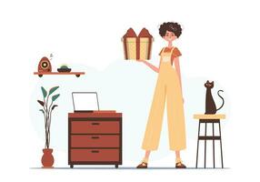 Gift concept for christmas or new year. The girl is holding a gift in her hands. vector