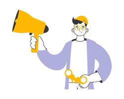 The guy holds a mouthpiece and binoculars in his hands. Job Search Theme. H.R. Linear style. Isolated. Vector. vector