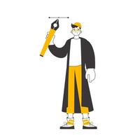 The designer guy holds a pen tool for 2D graphics in his hand. Line art style. Isolated on white background. Vector. vector