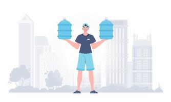 A man is holding a bottle of water. Delivery concept. The character is depicted in full growth. illustration. vector