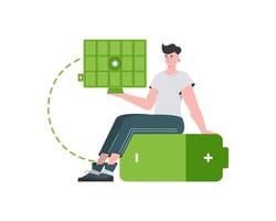 A man sits on a battery and holds a solar panel in his hands. Green energy concept. Isolated on white background. trendy style. illustration. vector