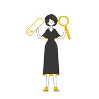 The girl is holding a magnifying glass in her hands. Search concept. Linear trendy style. Isolated on white background. Vector. vector
