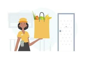 hogar entrega concepto. un mujer es participación un tienda de comestibles bolsa. de moda estilo. vector. vector