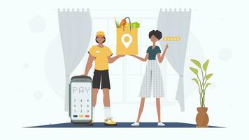 Home delivery concept. A male courier holds a bag of food. Cartoon style. Vector. vector