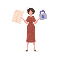 A woman holds a contract or document in her hand. Smart contract concept. Data protection. Modern style character. vector