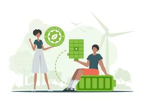 Woman and Man and solar panel. Green energy concept. Vector. vector