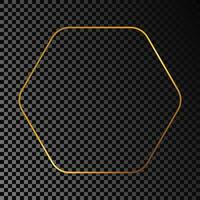 Gold glowing rounded hexagon frame isolated on dark background. Shiny frame with glowing effects. Vector illustration.