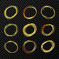 Hand drawn scribble circles.  Set of nine gold doodle round circular design elements on dark background. Vector illustration