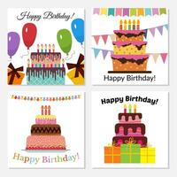 conjunto de cuatro saludo tarjetas con dulce pastel para cumpleaños celebracion. vector ilustración