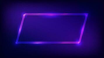 Neon double quadrangle frame with shining effects on dark background. Empty glowing techno backdrop. Vector illustration.