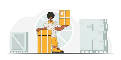 An attractive man is holding boxes. A visual representation of the shipment of deliveries and freight vector