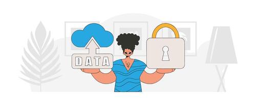 Person with a vectorized modern style, holding cloud storage and a padlock. vector
